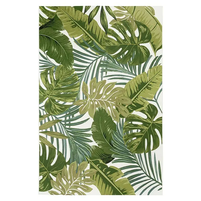 Outdoor-Teppich Kubana - Grün/Weiß, 230 x 160 cm, 75 % Polypropylen, 25 % Polyester - Ein Teppich mit üppigem tropischem Blattmuster in verschiedenen Grüntönen auf einem hellen Hintergrund. Ideal für einen frischen Look.