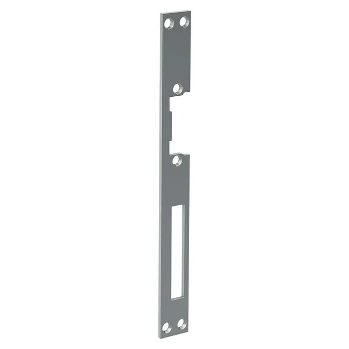 Basi Schließblech FLB 950L x B: 250 x 25 mm, DIN Anschlag: Universell einsetzbar - Nahaufnahme einer grauen Metalltürplatte mit runden Aussparungen und einem rechteckigen Ausschnitt, der ein modernes Design präsentiert.