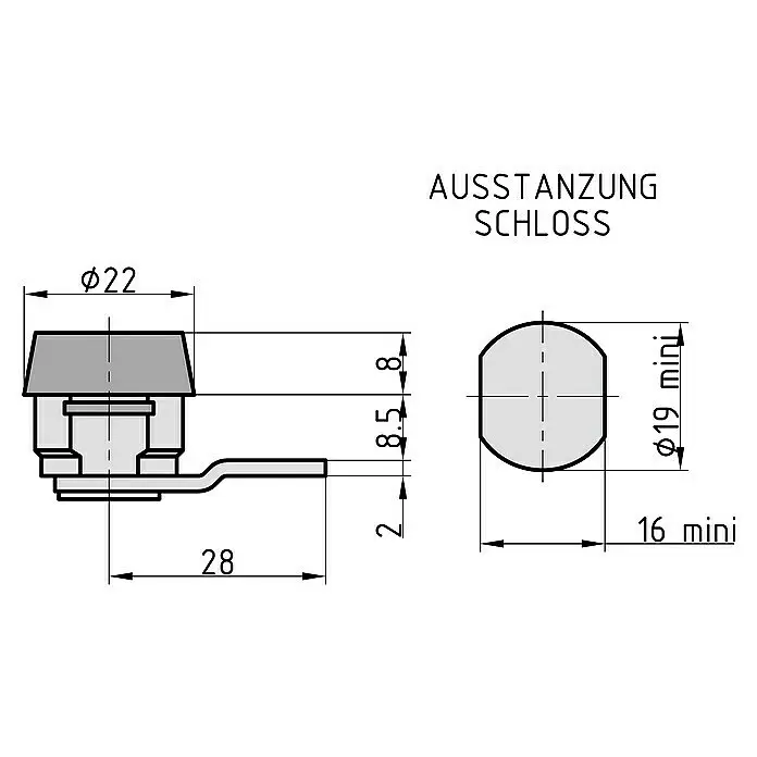 Basi Universalzylinder HS 332 - Passend für: Basi Briefkästen - Technisches Zeichnungsblatt mit Abmessungen für einen Schlossausschnitt.