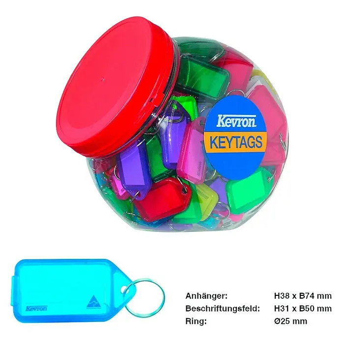 Basi Schlüsselanhänger Set - 70 Stk., L x B: 74 x 38 mm - Ein Glas voller farbenfroher Kevron Schlüsselanhänger. Ideal zur Kennzeichnung von Schlüsseln im Büro oder zu Hause.