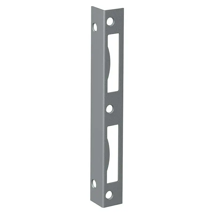 Basi Winkelschließblech WS 95DIN Anschlag: Universell einsetzbar, L x B x H: 170 x 20 x 20 mm, Rund - Ein grauer Türschließblechbeschlag mit mehreren Aussparungen und Löchern, ideal für die sichere Montage an Türrahmen.