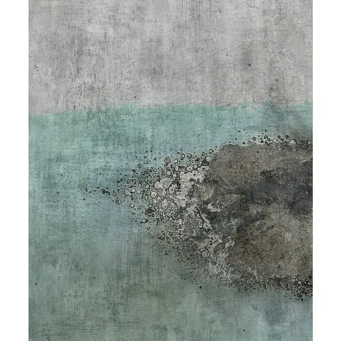 Rasch Factory 4 Fototapete Digitaldruck Betrongrau-Optik - 250 x 300 cm - Abstraktes Gemälde mit grauem und blaugrünem Farbschema, das eine unregelmäßige Textur und Flecken aufweist.