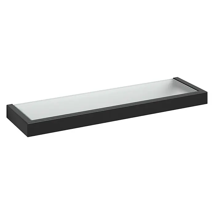 Zack Linea Badablage - Breite: 46,5 cm, Stahl, Schwarz - Das Bild zeigt eine längliche, rechteckige Ablage mit einem schwarzen Rahmen und einem weißen Innenraum, ideal für Badezimmer oder ähnliche Räume.