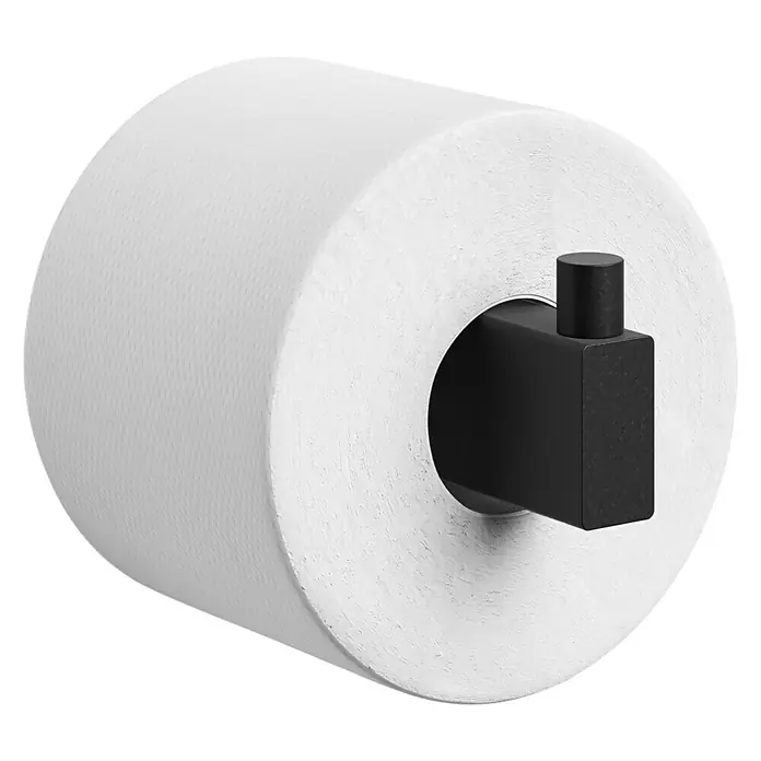 Zack Linea Ersatzpapierrollenhalter - Länge: 13 cm, Schwarz, Matt - Nahaufnahme einer Toilettenpapierrolle auf einem modernen, mattschwarzen Halter. Das Papier ist weiß und unbedruckt.
