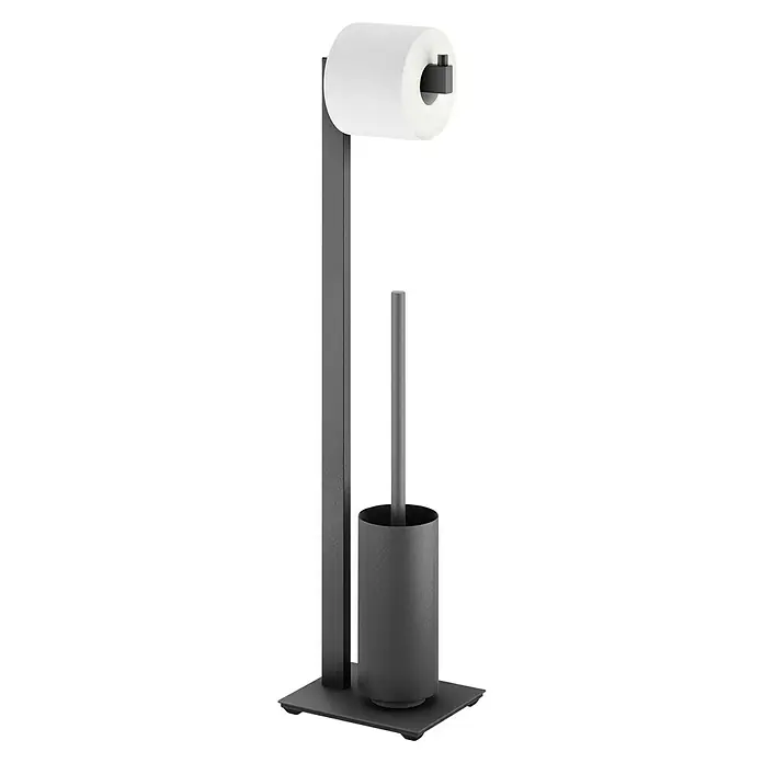 Zack Linea WC-Kombi-Bürstengarnitur - Schwarz, Höhe: 72,5 cm, Stahl - Eine elegante Toilettenpapierhalter- und Bürstenkombination in dunklem Grau, die Funktionalität und modernes Design vereint. Ideal für jedes Badezimmer.
