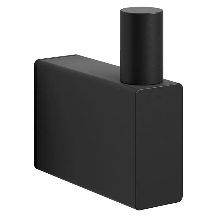 Zack Linea Handtuchhaken - Länge: 4,7 cm, Schwarz, Matt - Nahaufnahme eines mattschwarzen, modernen Wandhaken mit zylindrischem Aufsatz. Das Produkt zeichnet sich durch sein schlichtes, minimalistisches Design aus.
