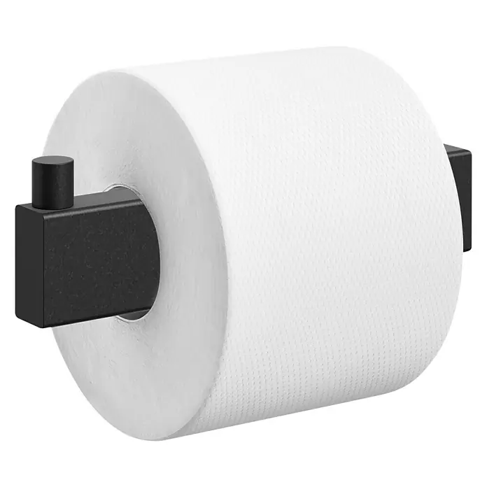 Zack Linea Toilettenpapierhalter - Schwarz, Matt - Eine Nahaufnahme eines Toilettenpapierhalters mit einer weißen Papierrolle vor einem schwarzen Hintergrund.