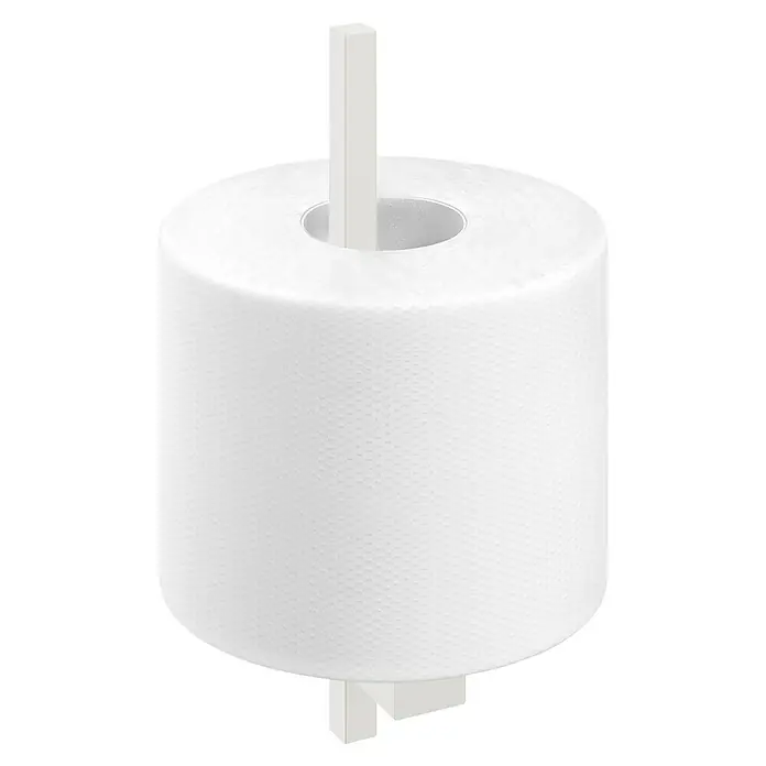 Zack Carvo Ersatzpapierrollenhalter - Weiß, Matt - Nahaufnahme eines Rollwagens mit einem Behälter, der ein weißes Produkt enthält, das wie ein Hygieneprodukt aussieht.
