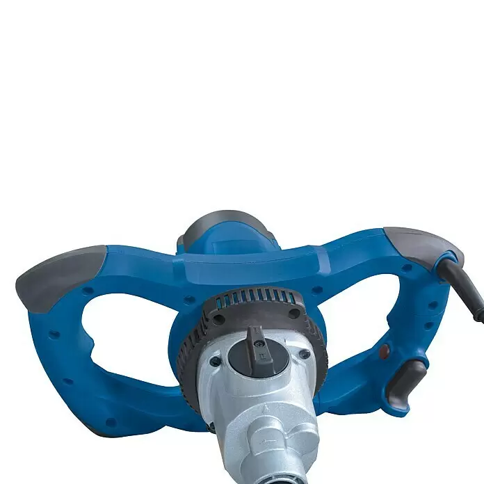 Scheppach Varilla mezcladora de pintura y mortero PM1200 - 1.200 W, Diámetro paleta de mezcla: 120 mm, M 14 - Mezcladora eléctrica azul y gris con carcasa de motor plateada y mangos ergonómicos.