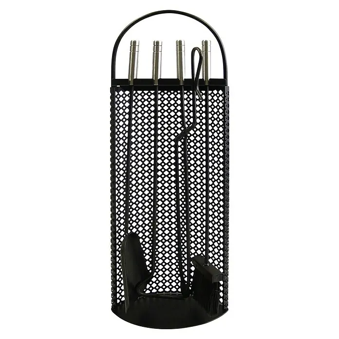 Imex El Zorro Juego de utensilios para chimenea - 4 pzs., Negro, Altura: 68 cm - Juego de utensilios para chimenea con herramientas negras y mangos plateados en un soporte. Práctico y decorativo para la chimenea.