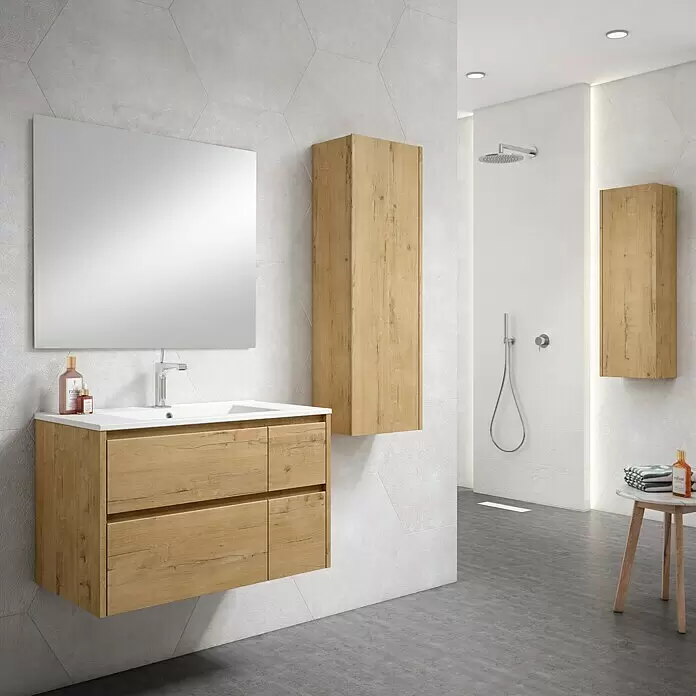 Conjunto de mueble de baño Rose - 3 pzs., Nogal - Mueble de baño de madera con lavabo blanco y columna a juego en un baño moderno.