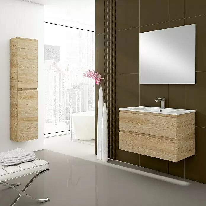Conjunto de mueble de baño Módena - Ancho total del mueble de baño: 60 cm, Nebraska, 3 pzs. - Mueble de baño de madera clara y columna a juego en un baño moderno.