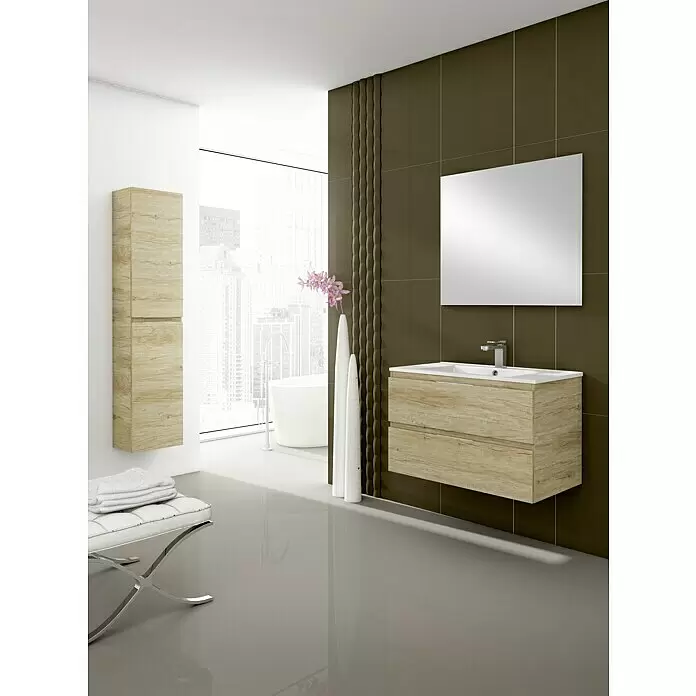 Conjunto de mueble de baño Módena - Ancho total del mueble de baño: 80 cm, Nebraska, 3 pzs. - Mueble de baño moderno de madera clara, lavabo blanco y armario alto a juego.