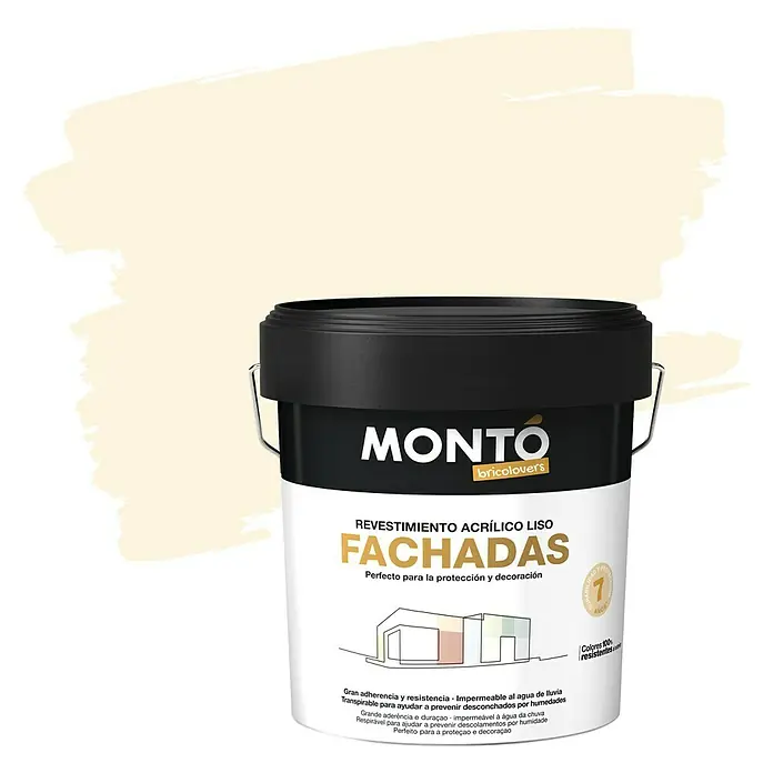 Montó Bricolovers Pintura para fachadas de acrilato puro - Hueso, 12 l - Un bote de pintura para fachadas Monto, una pintura acrílica de alta calidad para uso exterior, que protege y embellece las fachadas.