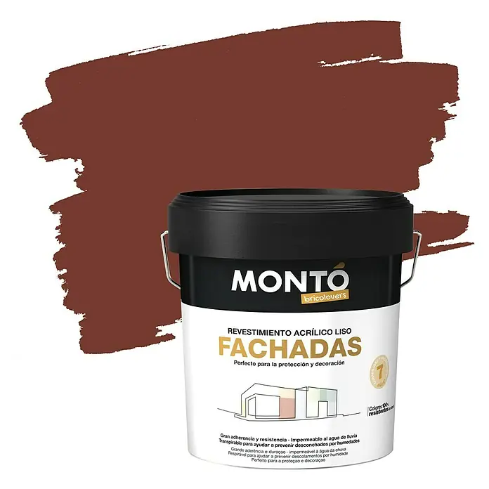 Montó Bricolovers Pintura para fachadas de acrilato puro - Terracota, 12 l - Imagen del producto de pintura para fachadas Montó, pintura acrílica para fachadas para protección y decoración. El color es un tono marrón cálido.
