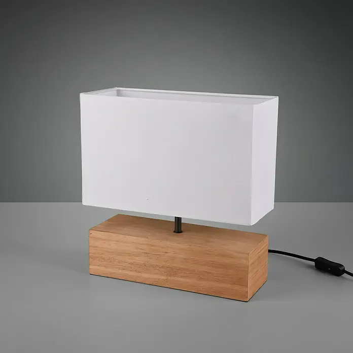 Reality Leuchten Lámpara de sobremesa Woody - 60 W, L x An x Al: 12 x 30 x 30,5 cm, Madera, E27 - Elegante lámpara de mesa con pantalla rectangular blanca sobre una base de madera. Aporta calidez a cualquier espacio.