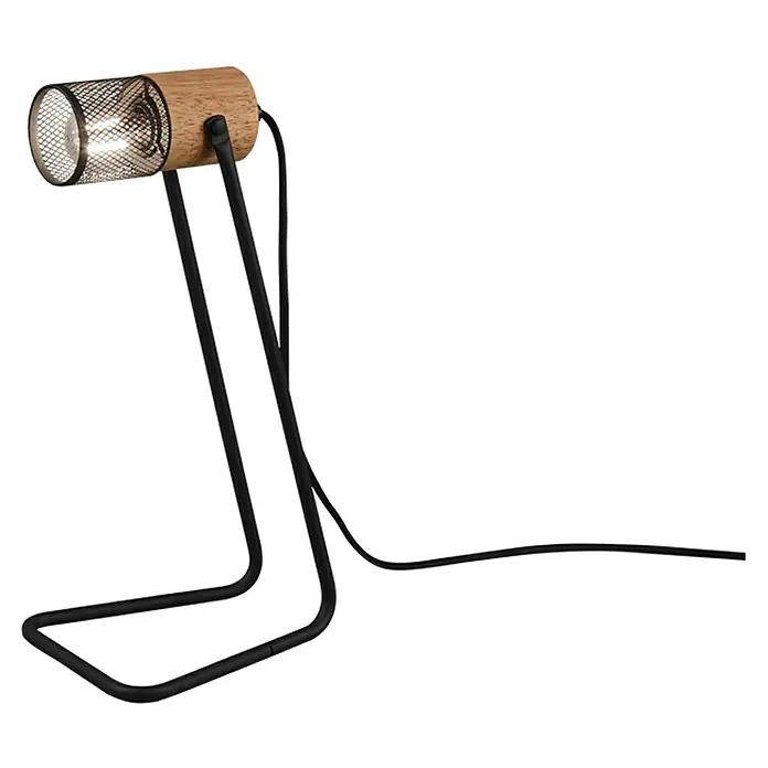 Trio Lighting Tosh Lámpara de sobremesa Tosh - 15 W, L x An x Al: 18 x 15 x 40 cm, Negro, E14 - Lámpara de mesa moderna con base de madera y pantalla de malla metálica negra, que emite una luz cálida y acogedora.