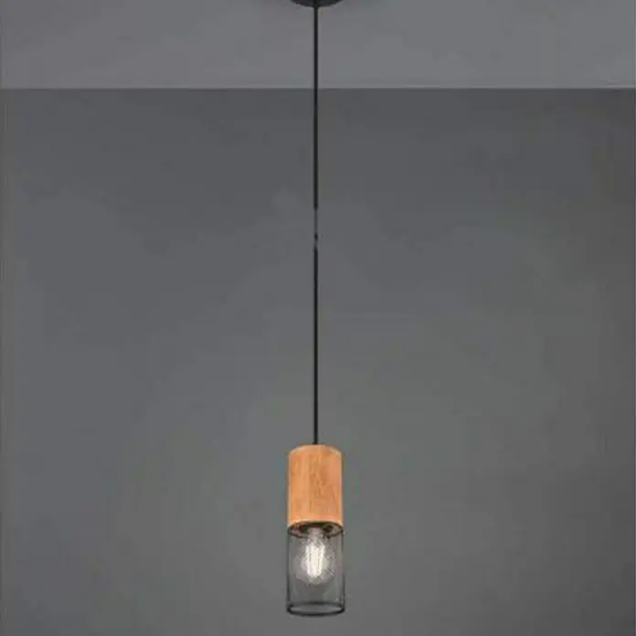 Trio Lighting Tosh Lámpara colgante redonda - 40 W, Ø x Al: 10 x 150 cm, Negro, E27, 1 ud. - Lámpara colgante con un diseño cilíndrico de madera y cristal, que ofrece una solución de iluminación moderna y elegante.