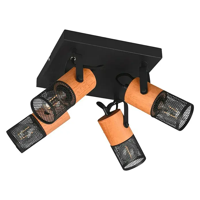 Trio Lighting Tosh Regleta Tosh - 40 W, L x An x Al: 22 x 22 x 19,5 cm, Negro, E14, 4 ud. - Lámpara de techo con cuatro focos, detalles de madera y malla metálica negra para iluminación moderna.