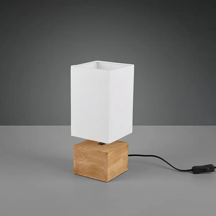 Trio Leuchten Tischleuchte Woody - 40 W, L x B x H: 12 x 12 x 30 cm, Weiß/Braun, E14 - Elegante Tischleuchte mit einem quadratischen Holzfuß und einem weißen, würfelförmigen Lampenschirm. Zeitloses Design für jeden Raum.
