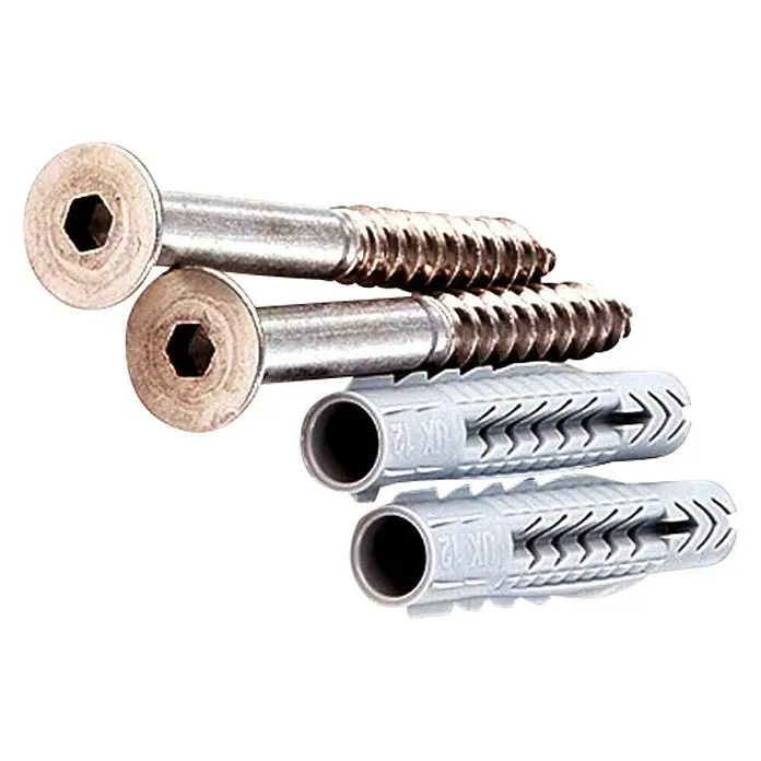 Keuco Plan Care Befestigungskit 2 - 4 -tlg. - Zwei glänzende Senkkopfschrauben aus Metall mit passenden Dübeln, perfekt für sichere Befestigungen.