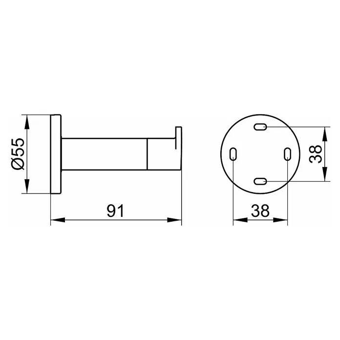 Keuco Plan Handtuchhaken - 1-armig, Silber-eloxiert - Technische Zeichnung eines Toilettenpapierhalters mit den Maßen Durchmesser 55 mm und Länge 91 mm.