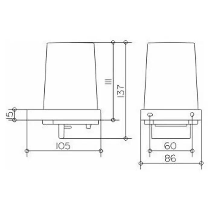 Keuco Edition 11 Ersatz-Seifenspenderglas - Durchmesser: 7,2 mm - Schematische Darstellung einer Leuchte mit den Maßen 105x86 mm für die Basis und einer Höhe von 137 mm, inklusive 15 mm für die Montageplatte.