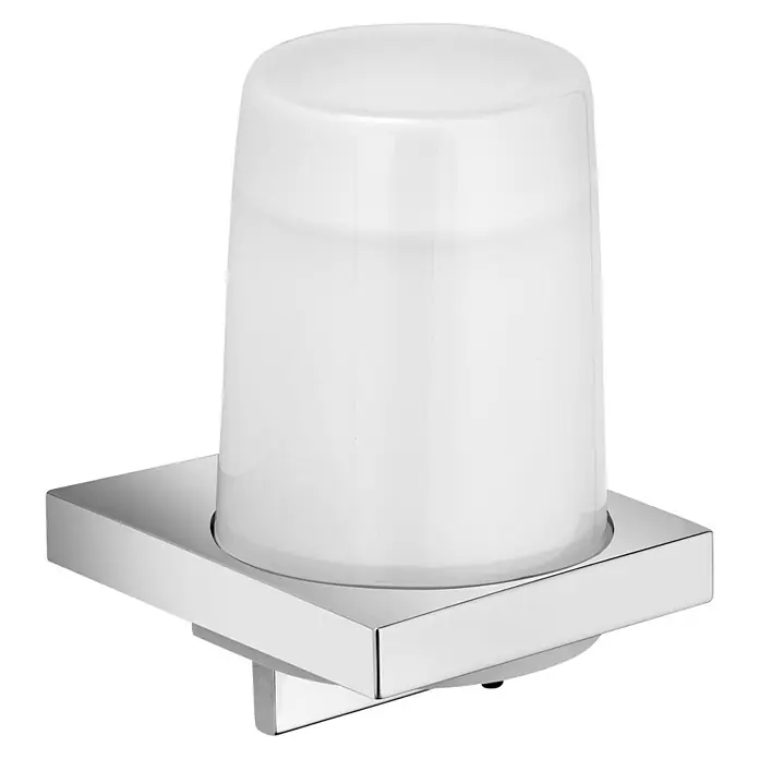 Keuco Edition 11 Ersatz-Seifenspenderglas - Durchmesser: 7,2 mm - Ein stilvoller, eckiger Zahnbürstenhalter aus Chrom mit einem zylindrischen, weißen Becher für das Badezimmer.
