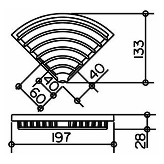 Keuco Seifenkorb - Abnehmbar, Chrom, Glänzend - Abbildung eines Eckduschrostes mit Maßen, die die Details der Konstruktion hervorheben. Ideal für Architekten.