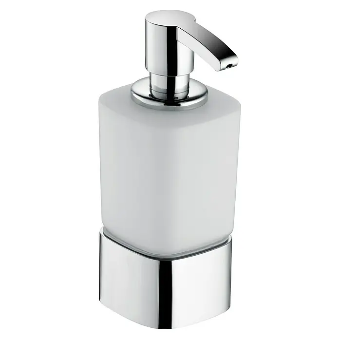 Keuco Elegance Seifenspenderpumpe - Chrom - Ein moderner Seifenspender mit einem weißen Behälter und verchromten Elementen, der ein elegantes Design für jedes Badezimmer bietet.