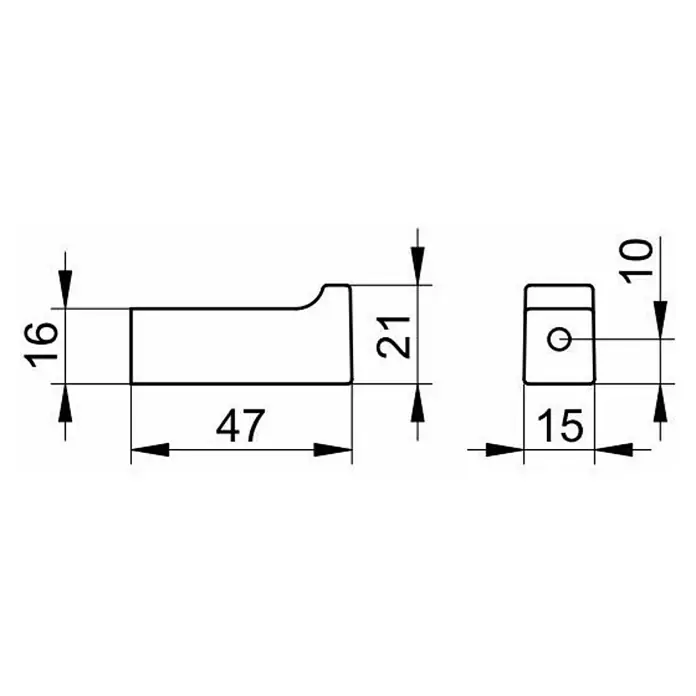 Keuco Edition 11 Handtuchhaken - Chrom, Glänzend, Länge: 4,7 cm - Produktdiagramm mit Maßen eines Metallteils. Zeigt Länge 47, Höhe 16/21 und Breite 15.