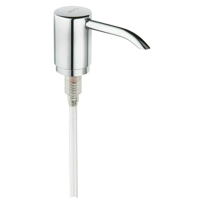 Keuco Universal Seifenspenderpumpe - Chrom - Chromfarbener Seifenspender mit langem, transparentem Schlauch. Die Pumpe hat eine glänzende Oberfläche und ein modernes Design.