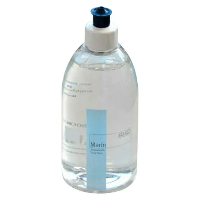 Keuco Schaumseife - 500 ml - Klares Marin-Reinigungsmittel in einer durchsichtigen Flasche mit blauem Deckel und Etikett für eine sanfte und effektive Reinigung.