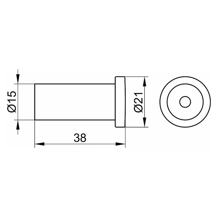 Keuco Plan Handtuchhaken - Edelstahl, Glänzend, Rund - Technische Zeichnung eines Bolzens mit den Durchmessern 15 mm und 21 mm, Länge 38 mm.