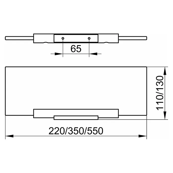 Keuco Plan Ablagekonsole - Metall, Verchromt - Schematische Darstellung eines Bauteils mit den Maßen 65, 110/130 und 220/350/550 zur Produktbeschreibung.