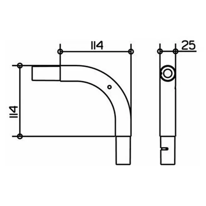 Keuco Plan Rohrbogen - Durchmesser: 2,5 cm, Metall - Eine technische Zeichnung eines Eckverbinders mit den Maßen 114 x 114 mm und einer Dicke von 25 mm. Darstellung in Vorder- und Seitenansicht.