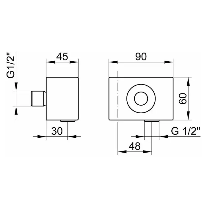 Keuco Edition 11 Schlauchanschluss - Breite: 9 cm, Verchromt - Schematische Darstellung eines Eckventils mit Maßangaben. Abgebildet sind die Maße 45, 90, 60, 30 und 48 mm sowie G 1/2" Anschlüsse.