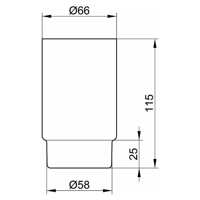 Keuco Plan Zahnputzglas - Ohne Halterung, Durchmesser: 6,6 mm, Kristallglas - Technisches Diagramm eines zylindrischen Bauteils mit Durchmessern von 66 mm und 58 mm, Gesamthöhe 115 mm, unterer Abschnitt 25 mm.