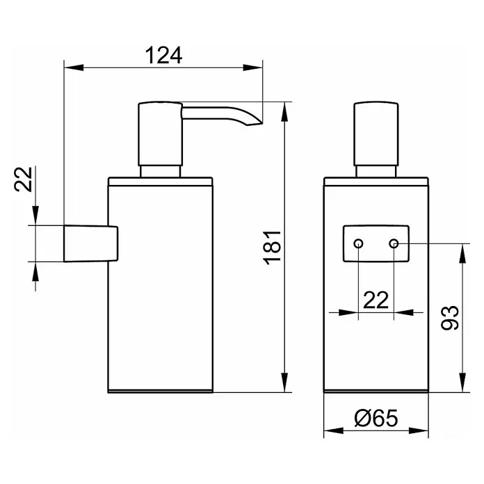 Keuco Plan Seifenspender - Chrom, Verchromt - Technische Zeichnung eines Seifenspenders mit den Maßen 124 x 181 mm und einem Durchmesser von 65 mm für eine detaillierte Produktübersicht.