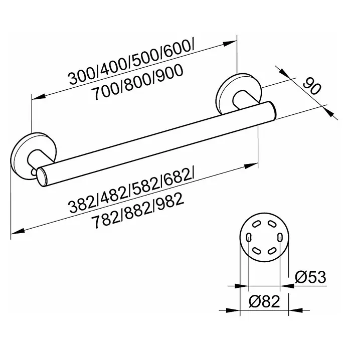 Keuco Plan Care Haltegriff - Breite: 68,2 cm, Chrom, Glänzend - Eine technische Zeichnung eines Haltegriffs mit Maßen von 300 bis 900 mm Länge und Details zu Montage und Abmessungen.