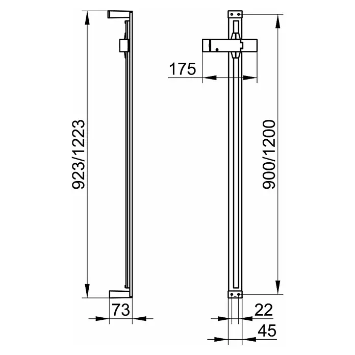 Keuco Edition 11 Brausestange - Höhe: 92,3 cm, Lochabstand: 9 cm, Chrom - Abbildung einer Duschstange mit Maßangaben, die die Abmessungen und Details des Produkts für Installationszwecke verdeutlichen.
