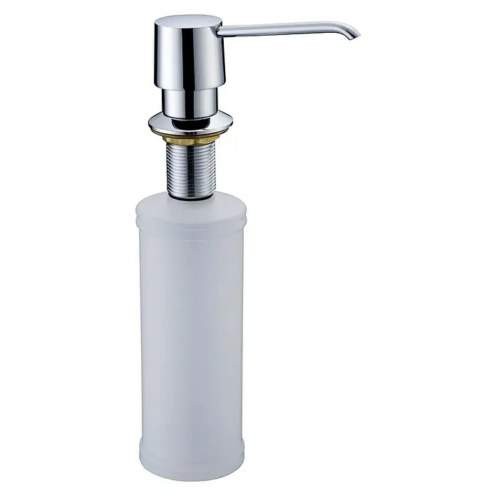 Dispensador de jabón redondo - ABS, Blanco - Imagen de un elegante dispensador de jabón independiente con acabado cromado y recipiente blanco. Ideal para la cocina moderna.