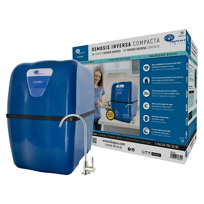 Bb agua Equipo de ósmosis inversa compacta Home - Caudal: 11,25 l/h - Sistema de ósmosis inversa Bbagua para el hogar. Sistema compacto para agua potable limpia y baja en minerales directamente del grifo.