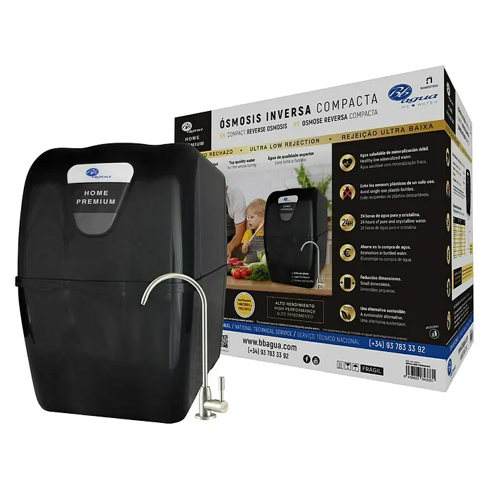 Bb agua Equipo de ósmosis inversa compacta Home Premium - Caudal: 11,85 l/h - Imagen de un sistema de ósmosis inversa BBagua Home Premium que proporciona agua limpia para todo el hogar.
