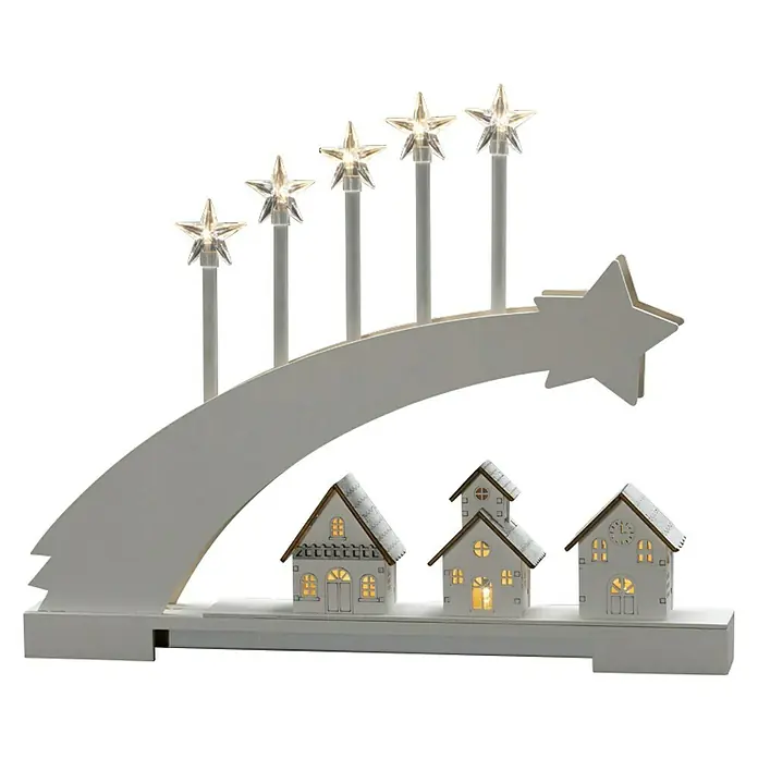 Konstsmide LED-Holzsilhouette Komet - 5 x 45 x 37 cm, Weiß, Batteriebetrieben, Warmweiß, 0,48 W - Weißer, dekorativer Lichterbogen mit Sternen und kleinen Häusern, der eine gemütliche Weihnachtsstimmung verbreitet.