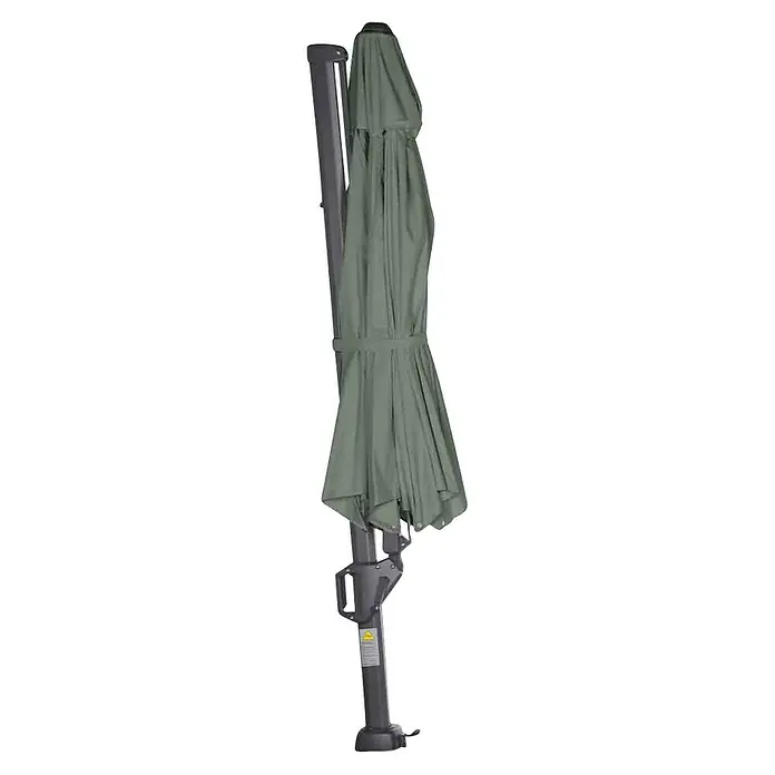 Siena Garden Ampelschirm Sunset N+ - Olive, Bespannungsmaß (L x B): 350 x 350 cm - Eine Nahaufnahme eines geschlossenen, olivgrünen Sonnenschirms mit grauem Ständer, ideal für den Außenbereich.