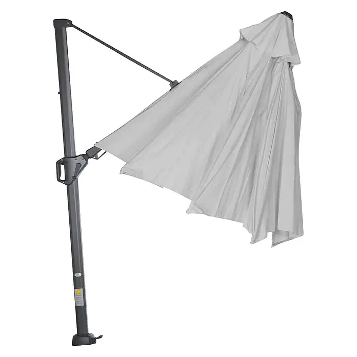 Siena Garden Ampelschirm Sunset N+ - Stone, Bespannungsmaß (L x B): 350 x 350 cm - Ein grauer Sonnenschirm mit einem robusten Gestell und einem hellen, gefalteten Schirmtuch, ideal für sonnige Tage.