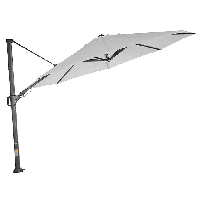 Siena Garden Ampelschirm Sunset N+ - Stone, Bespannungsmaß (L x B): 350 x 350 cm - Eine Nahaufnahme eines grau-weißen Sonnenschirms mit einem robusten, seitlich angebrachten Ständer, ideal für Schatten im Freien.