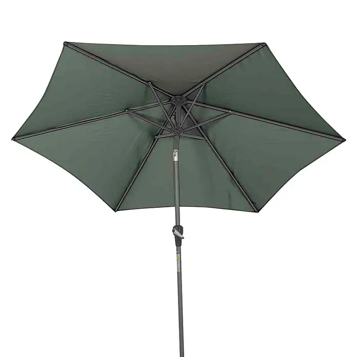 Siena Garden Marktschirm rund Avio - Olive, Durchmesser Bespannung: 250 cm - Diese Nahaufnahme zeigt einen stilvollen, dunkelgrünen Sonnenschirm mit einem robusten Gestell, perfekt für sonnige Tage im Freien.