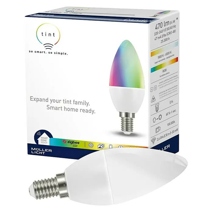 Müller-Licht Tint LED-Lampe - E14, Dimmbar, RGBW, 470 lm, 6 W - Produktbild einer Müller Licht Tint Candle-Lampe mit E14-Fassung, die intelligente Beleuchtung für Ihr Zuhause bietet.